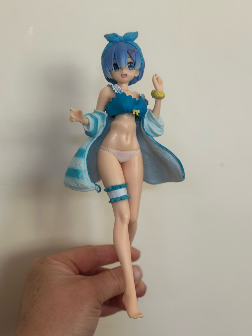 Blue-Haired Anime Figure in Teal Bikini and Striped Robe